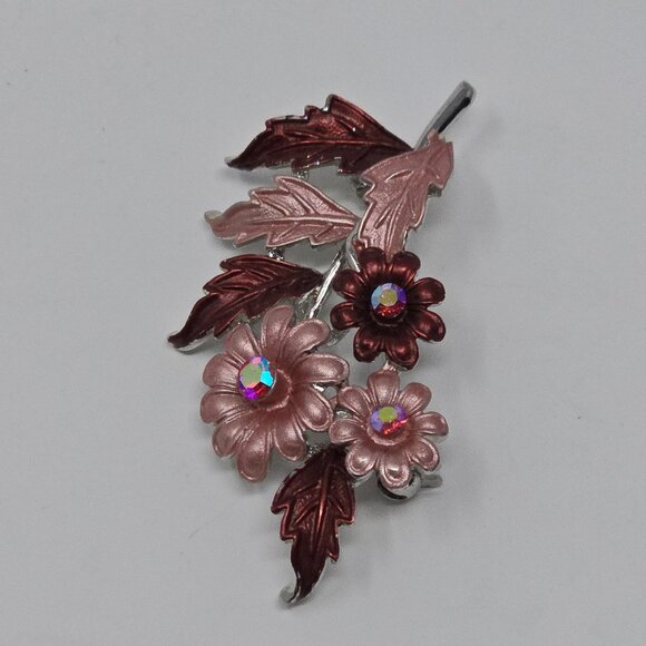Vintage Floral Brooch Pink Burgundy Enamel AB Rhinestones Silver Tone Pin - Picture 6 of 10